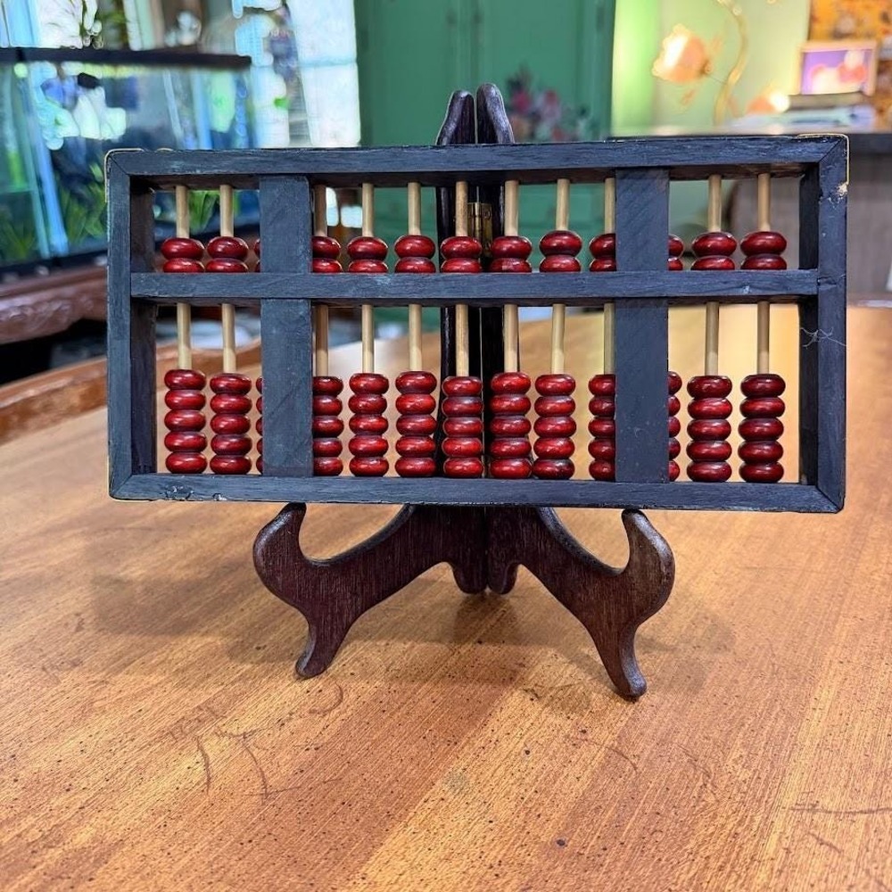 Vintage Chinese Wooden Abacus 13 Column Suanpan Red Beads Black Frame 10.5in - Picture 5 of 12